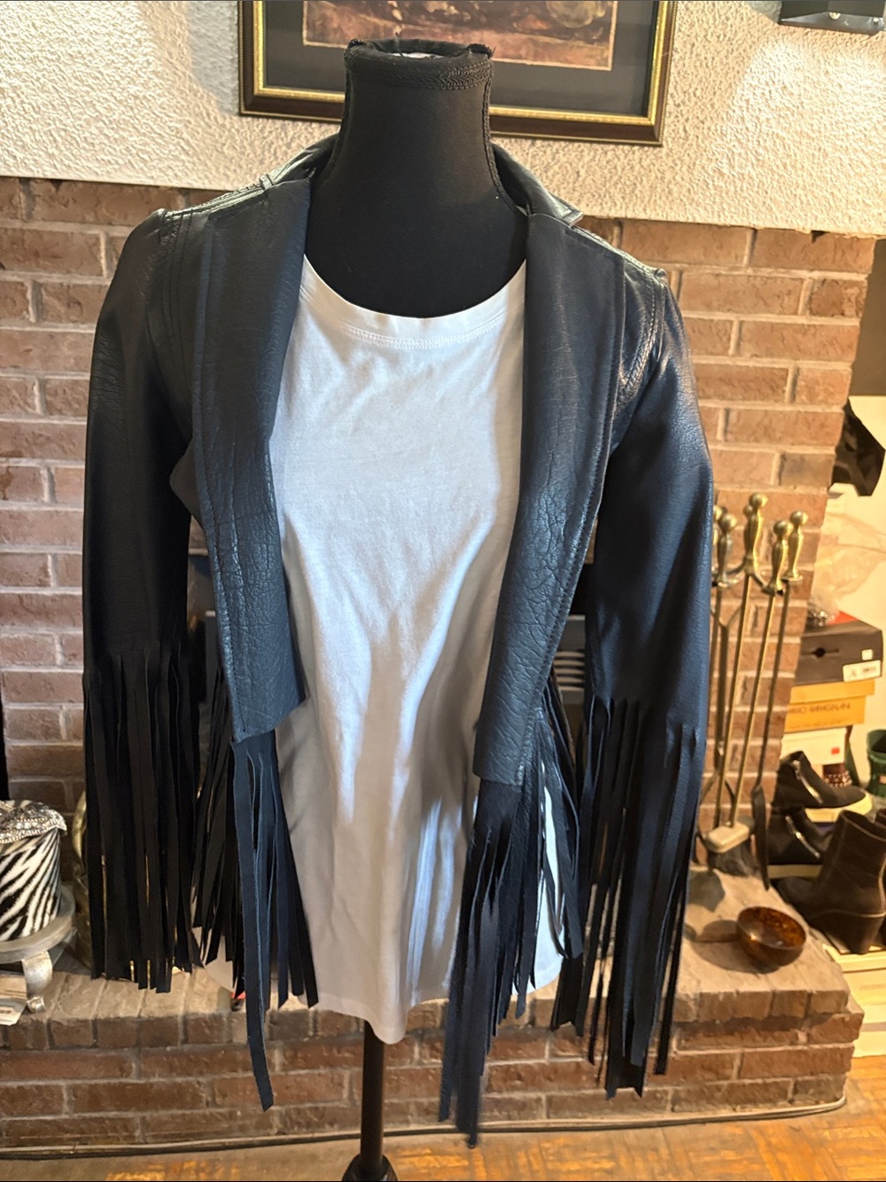 Topshop Black Leather Fringe Jacket